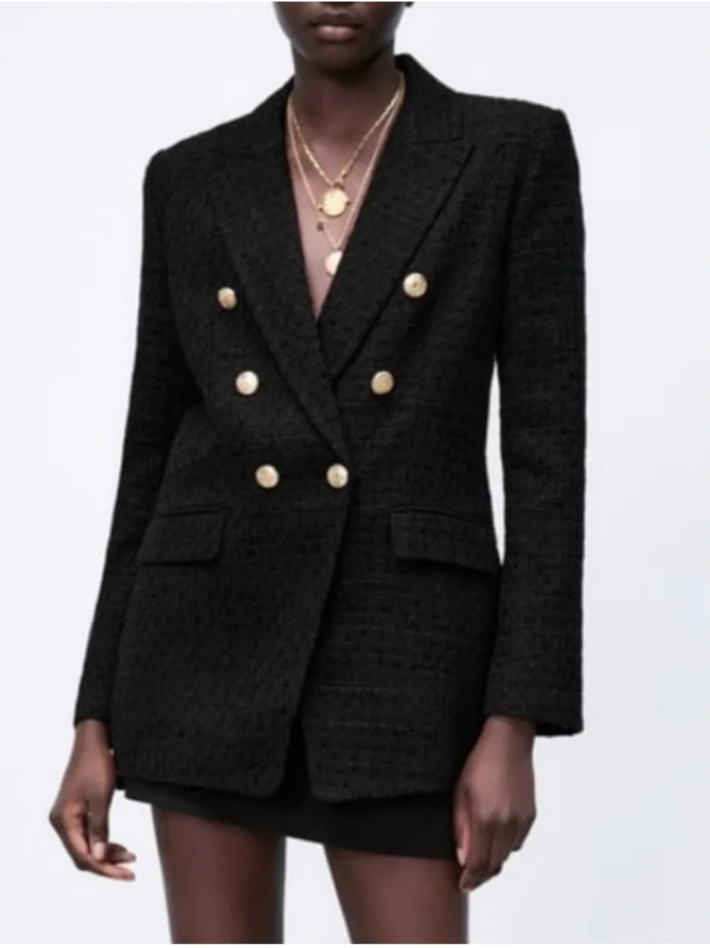 ZARA Tweed Textured Weave Double Breasted Blazer Black Gold Buttons Size Small